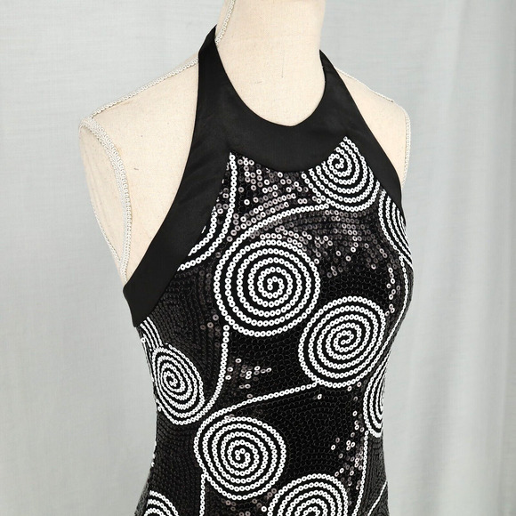 Cache Dress Womens 2 Black White Sequin Halter Fitted Short Ruched Hem Zip New - Picture 6 of 16